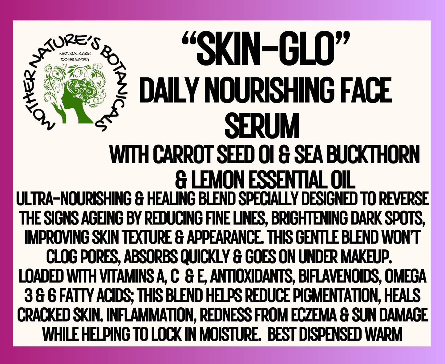 "Fresh Face" "SKIN-GLO" Daily Nourishing Face Serum with Carrot Seed & Sea Buckthorn Oil